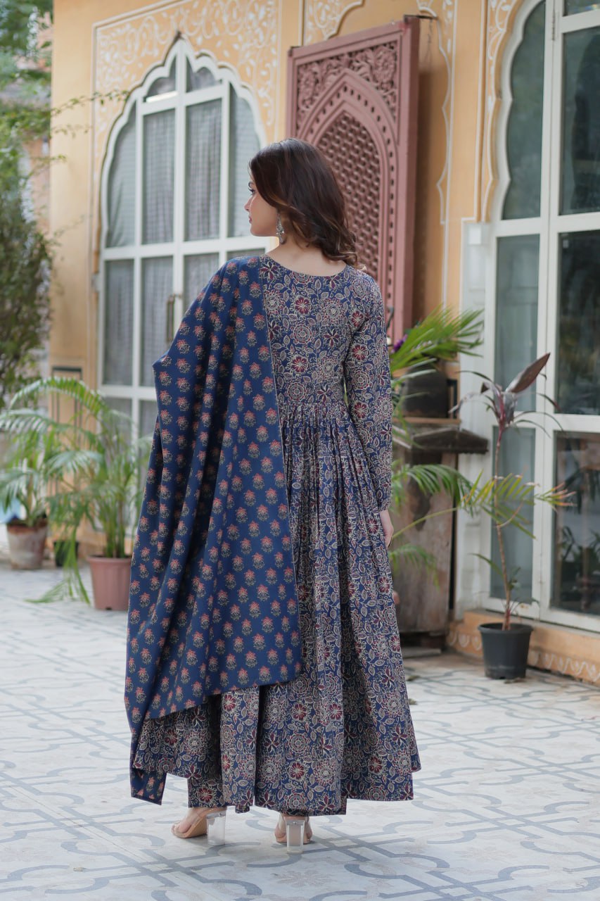 Premium Blue Color Pure Cotton Kurti With Pant And Dupatta Set