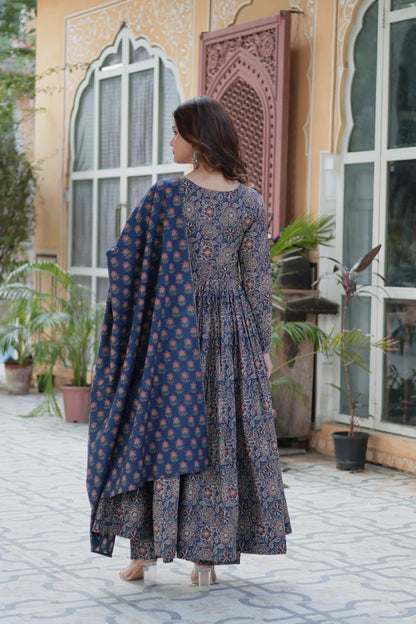 Premium Blue Color Pure Cotton Kurti With Pant And Dupatta Set