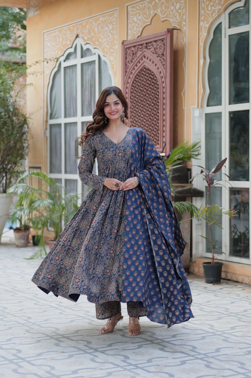 Premium Blue Color Pure Cotton Kurti With Pant And Dupatta Set