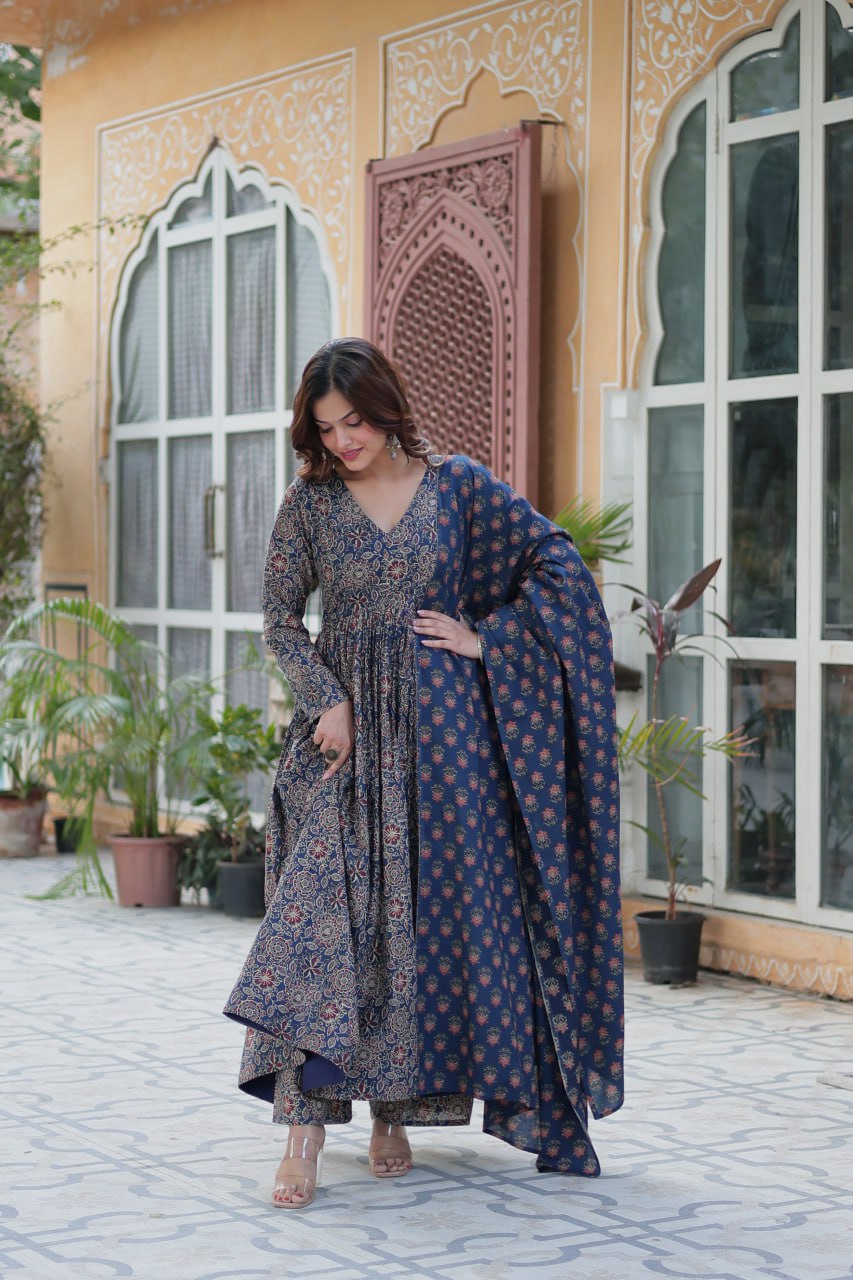 Premium Blue Color Pure Cotton Kurti With Pant And Dupatta Set