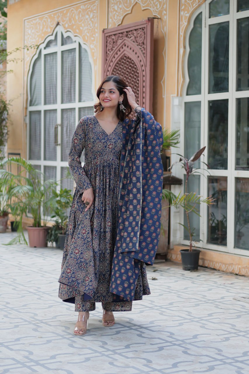 Premium Blue Color Pure Cotton Kurti With Pant And Dupatta Set