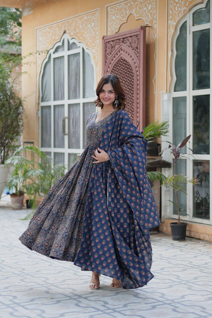Premium Blue Color Pure Cotton Kurti With Pant And Dupatta Set