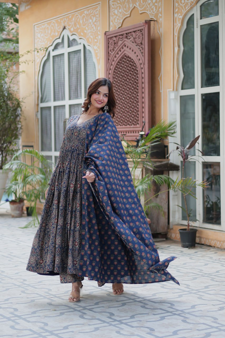 Premium Blue Color Pure Cotton Kurti With Pant And Dupatta Set
