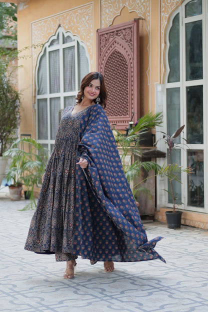 Premium Blue Color Pure Cotton Kurti With Pant And Dupatta Set