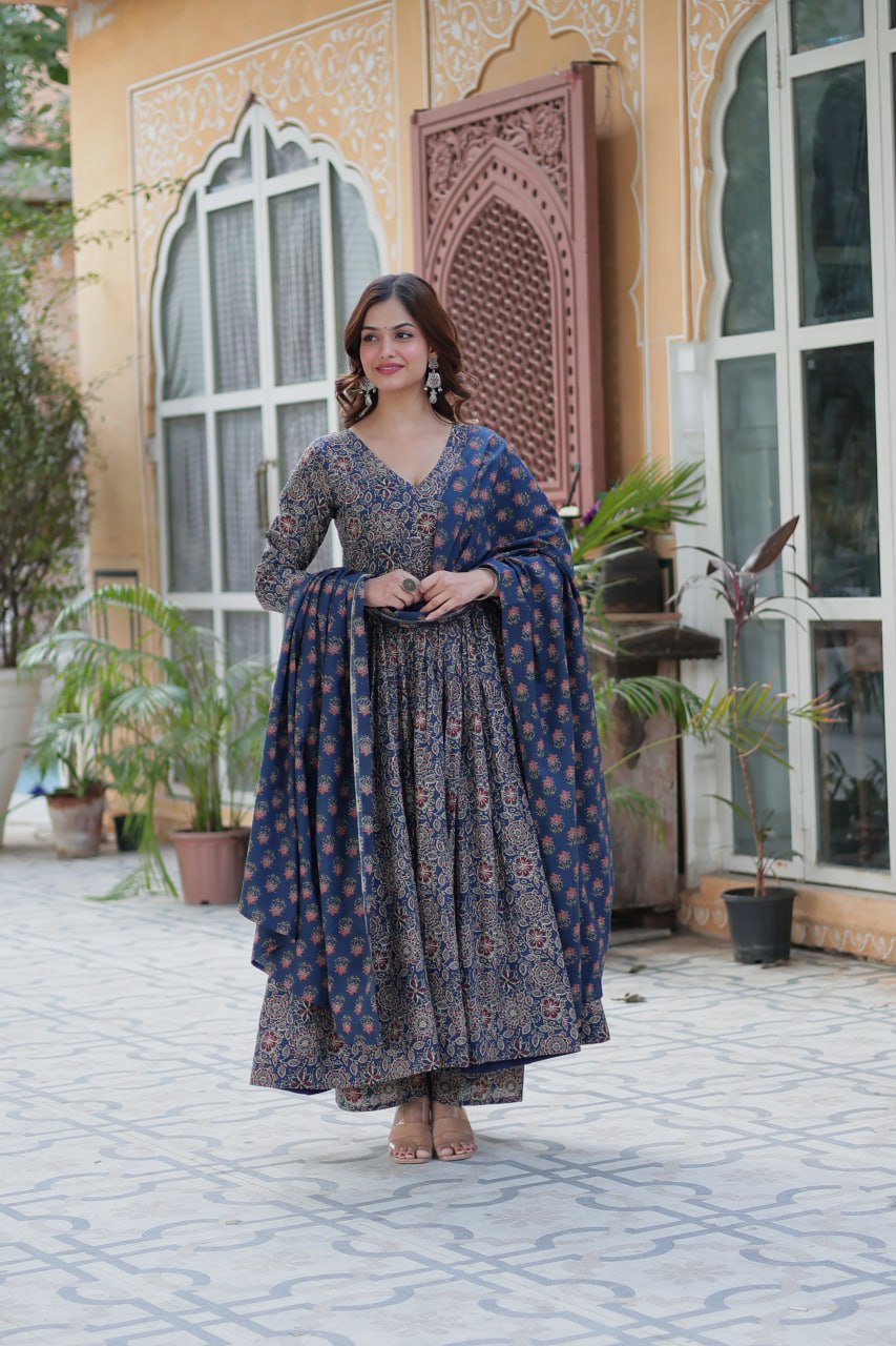 Premium Blue Color Pure Cotton Kurti With Pant And Dupatta Set