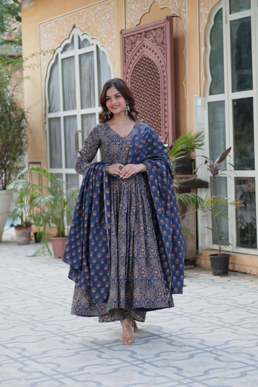 Premium Blue Color Pure Cotton Kurti With Pant And Dupatta Set