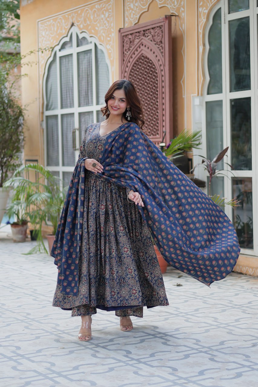 Premium Blue Color Pure Cotton Kurti With Pant And Dupatta Set
