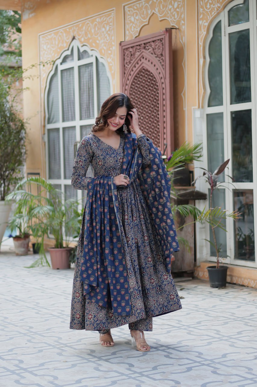 Premium Blue Color Pure Cotton Kurti With Pant And Dupatta Set