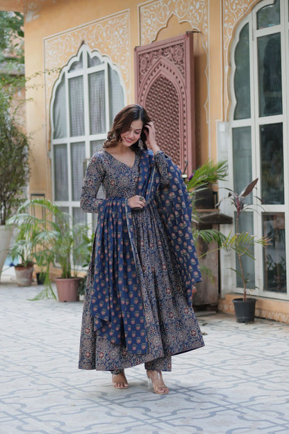 Premium Blue Color Pure Cotton Kurti With Pant And Dupatta Set