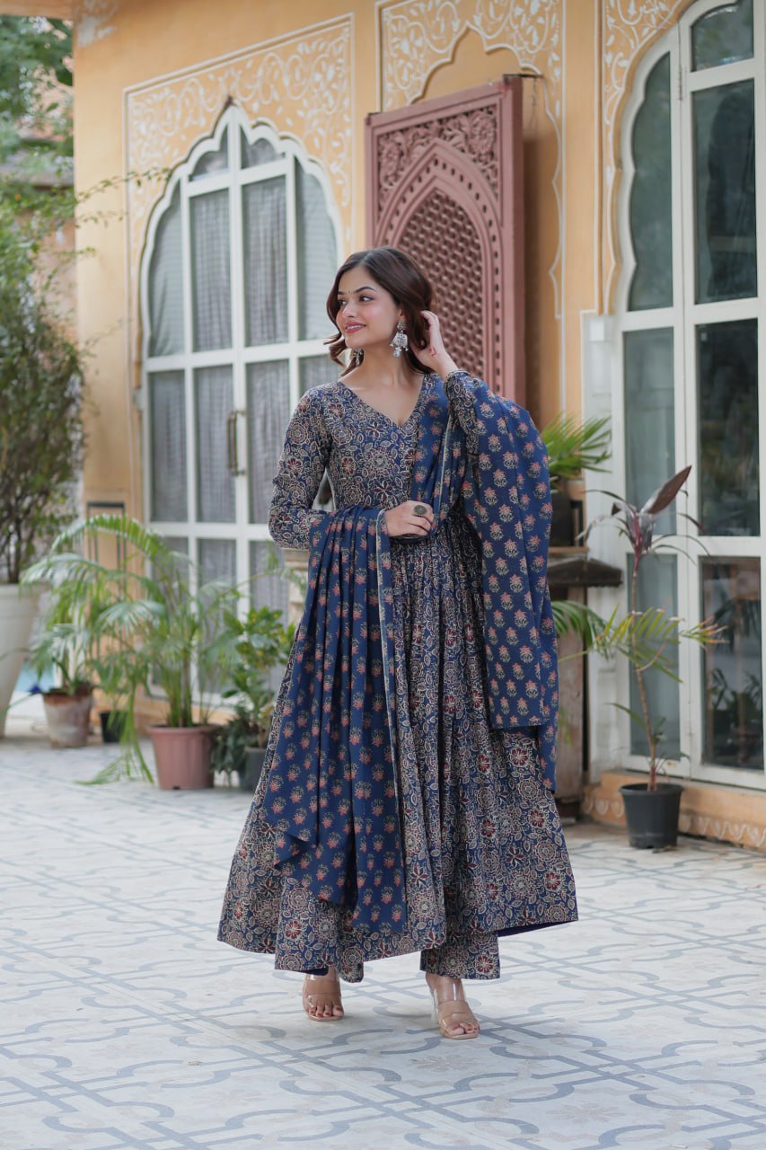 Premium Blue Color Pure Cotton Kurti With Pant And Dupatta Set