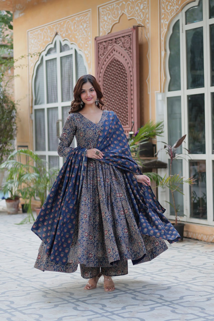 Premium Blue Color Pure Cotton Kurti With Pant And Dupatta Set