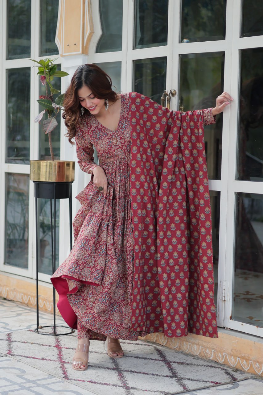 Premium Red Color Pure Cotton Kurti With Pant And Dupatta Set