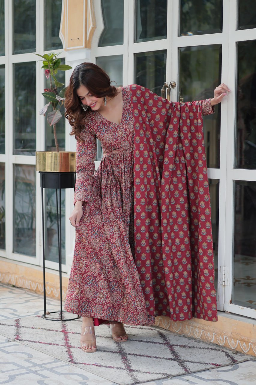 Premium Red Color Pure Cotton Kurti With Pant And Dupatta Set