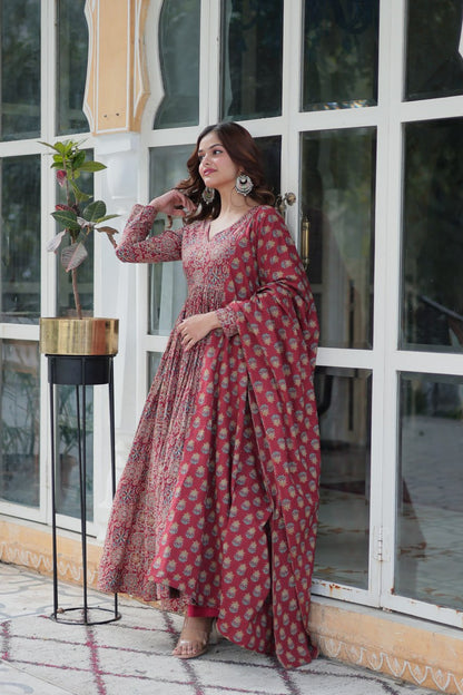 Premium Red Color Pure Cotton Kurti With Pant And Dupatta Set
