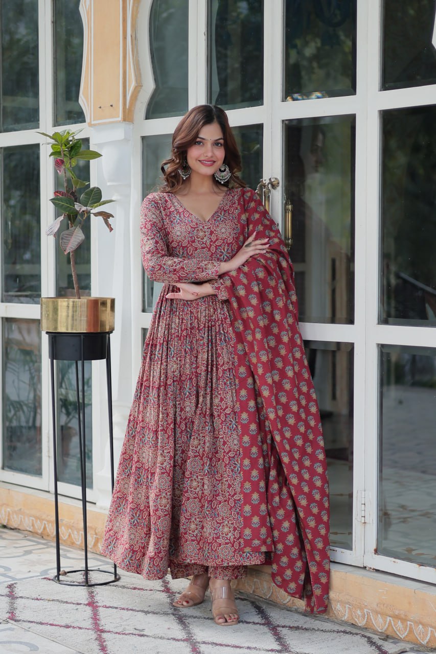 Premium Red Color Pure Cotton Kurti With Pant And Dupatta Set