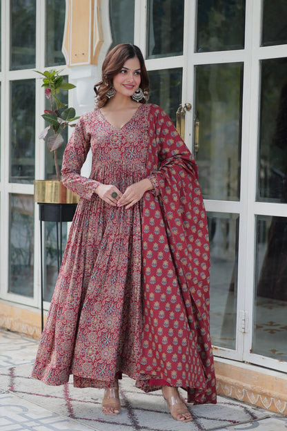 Premium Red Color Pure Cotton Kurti With Pant And Dupatta Set