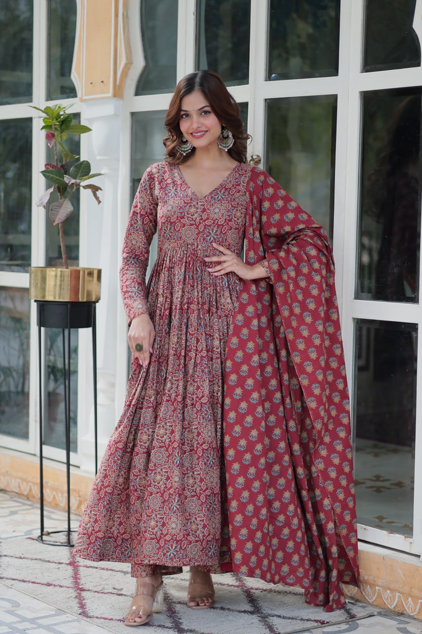 Premium Red Color Pure Cotton Kurti With Pant And Dupatta Set