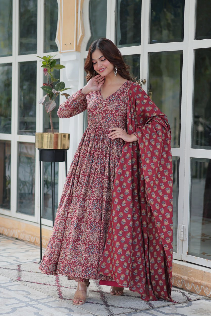 Premium Red Color Pure Cotton Kurti With Pant And Dupatta Set