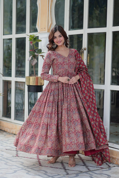 Premium Red Color Pure Cotton Kurti With Pant And Dupatta Set