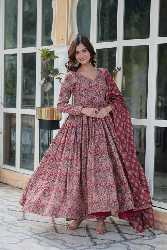 Premium Red Color Pure Cotton Kurti With Pant And Dupatta Set