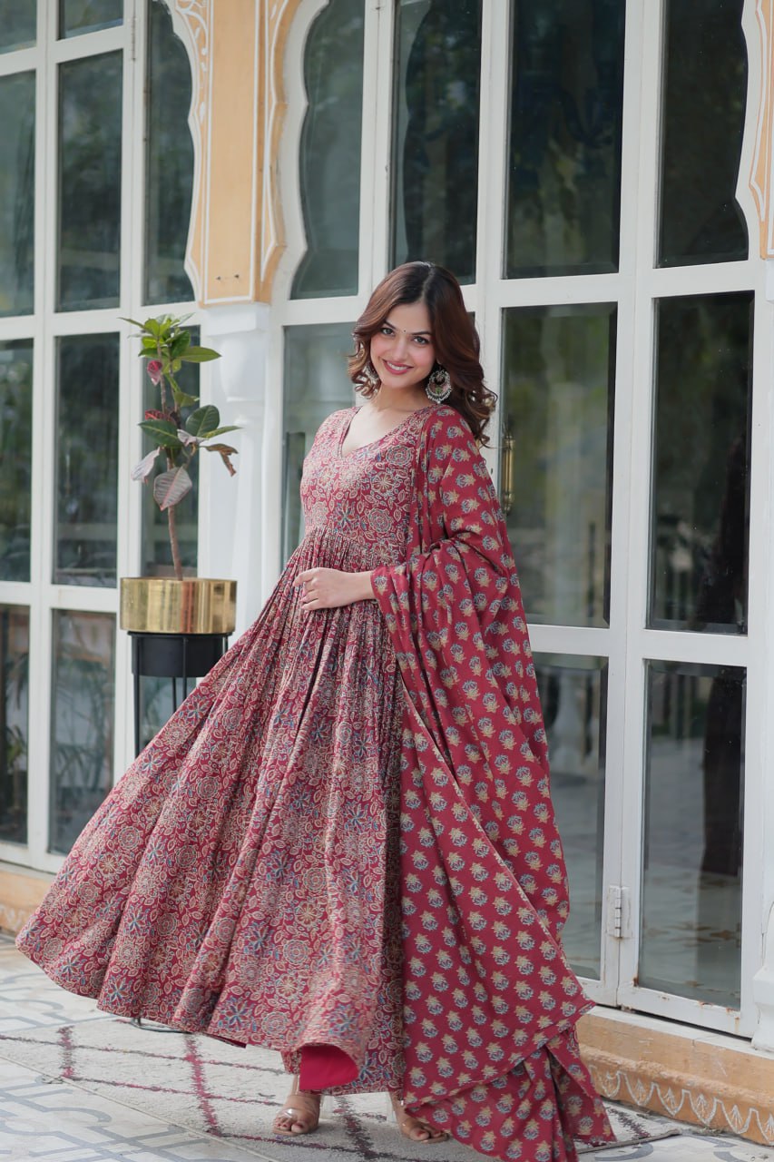 Premium Red Color Pure Cotton Kurti With Pant And Dupatta Set