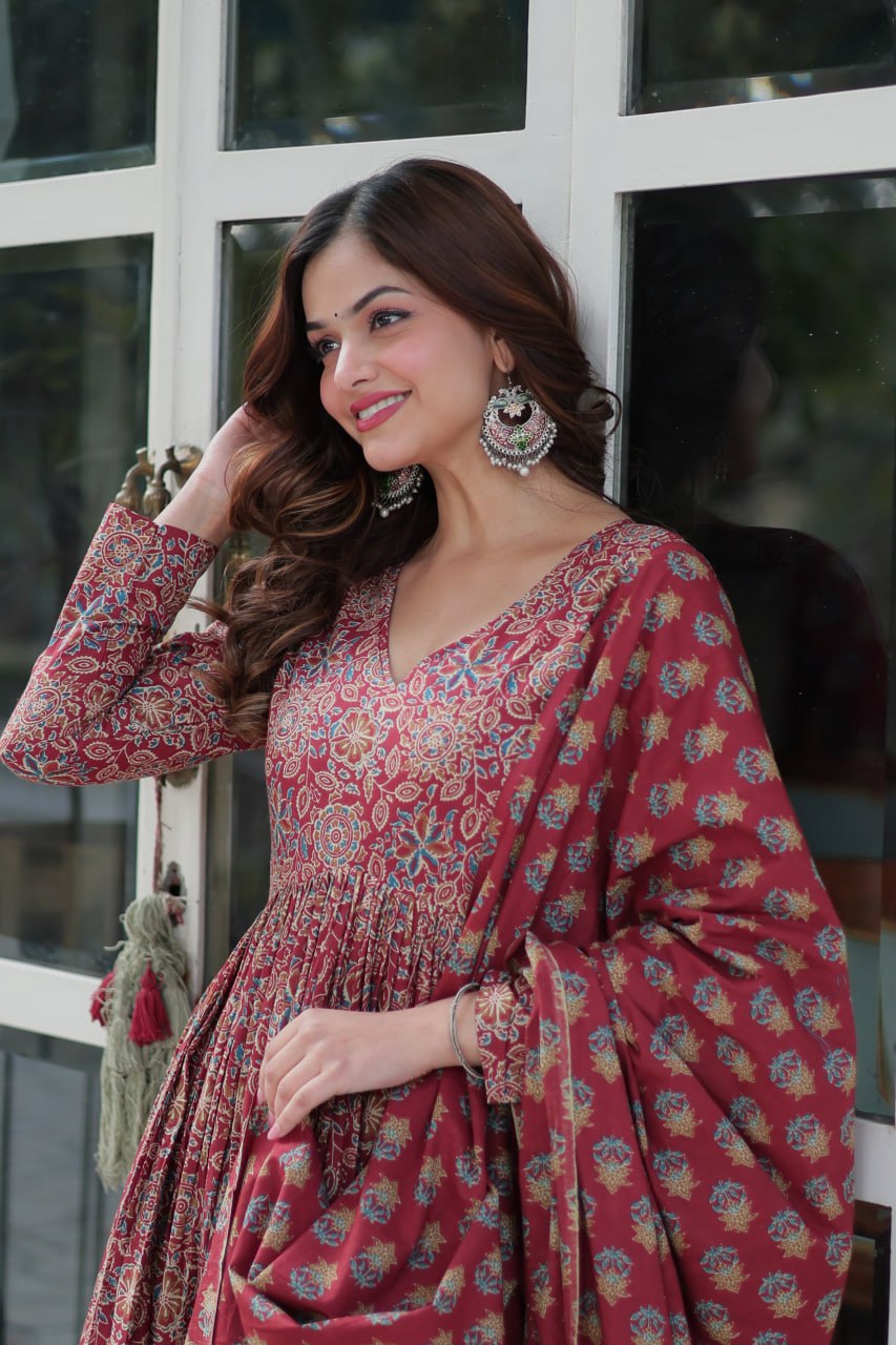 Premium Red Color Pure Cotton Kurti With Pant And Dupatta Set