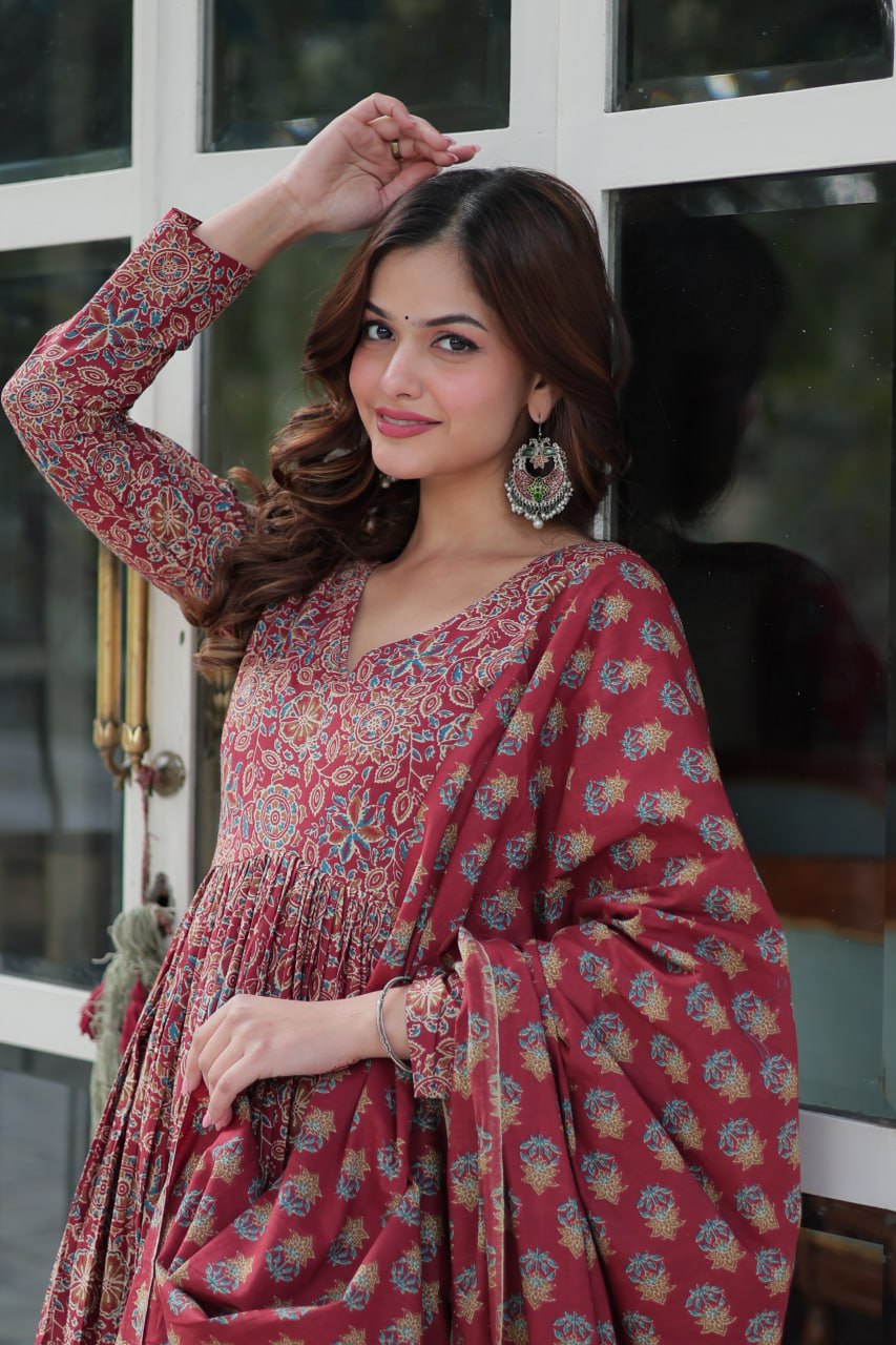 Premium Red Color Pure Cotton Kurti With Pant And Dupatta Set