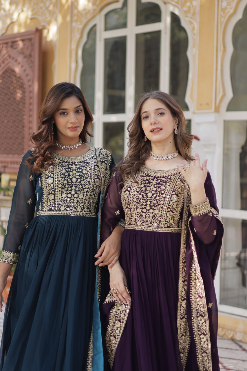 Function Wear Heavy Embroidery Zari Sequins Work Gown