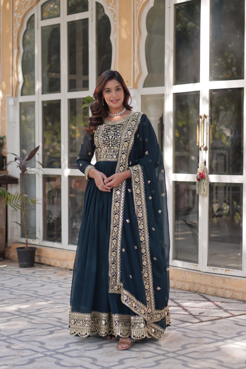 Function Wear Heavy Embroidery Zari Sequins Work Dark Blue Color Gown