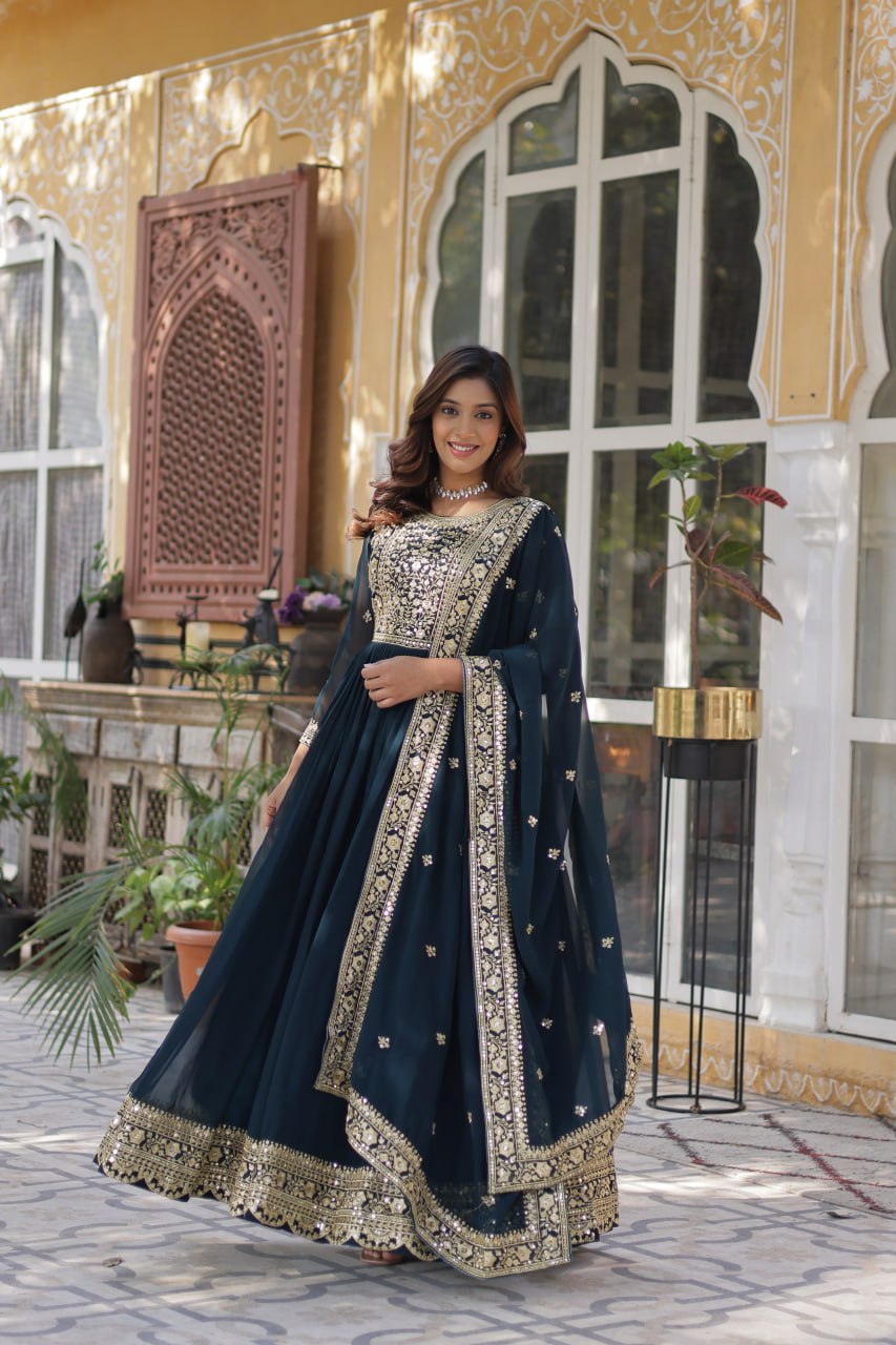 Function Wear Heavy Embroidery Zari Sequins Work Dark Blue Color Gown