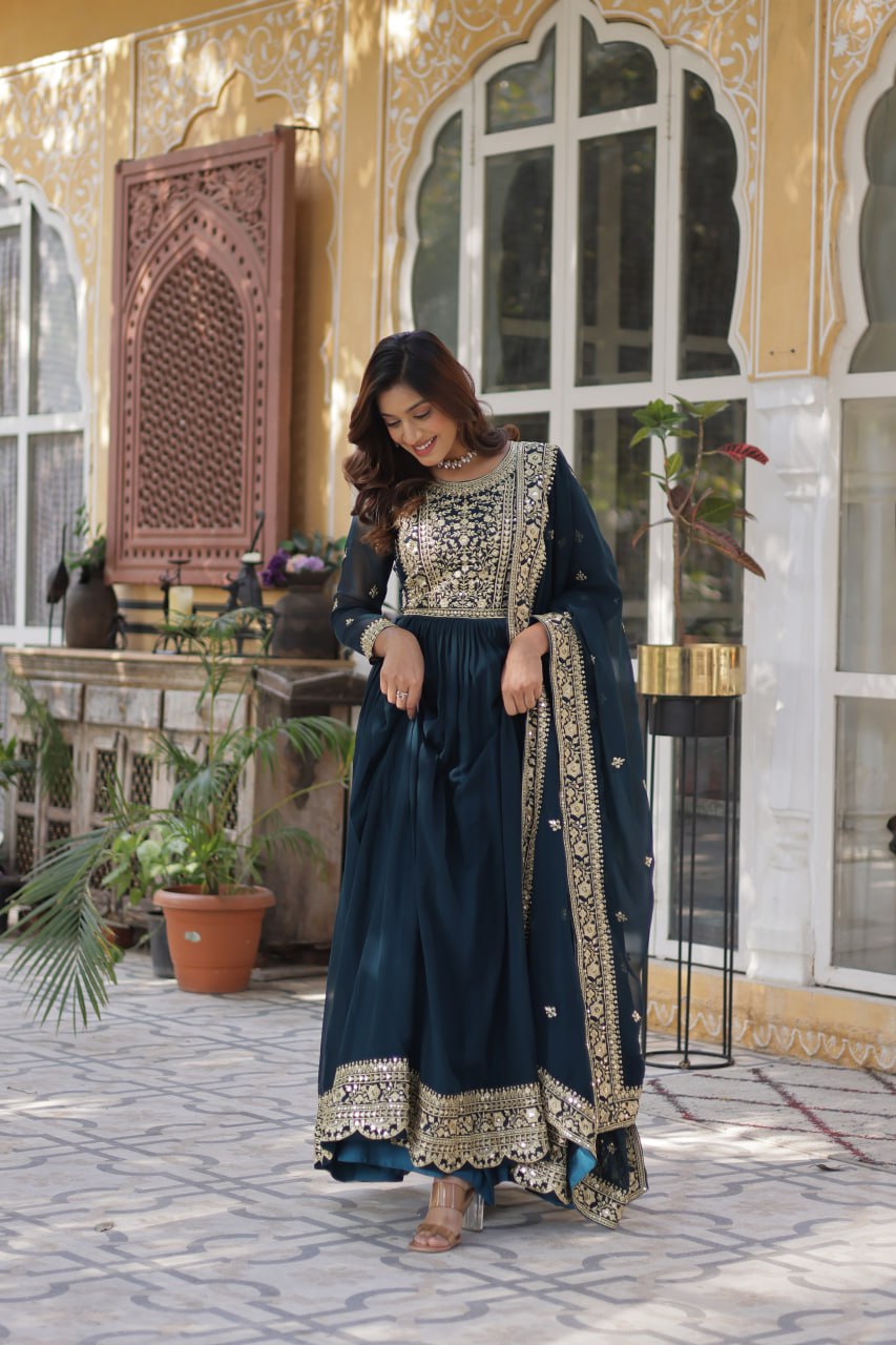 Function Wear Heavy Embroidery Zari Sequins Work Dark Blue Color Gown