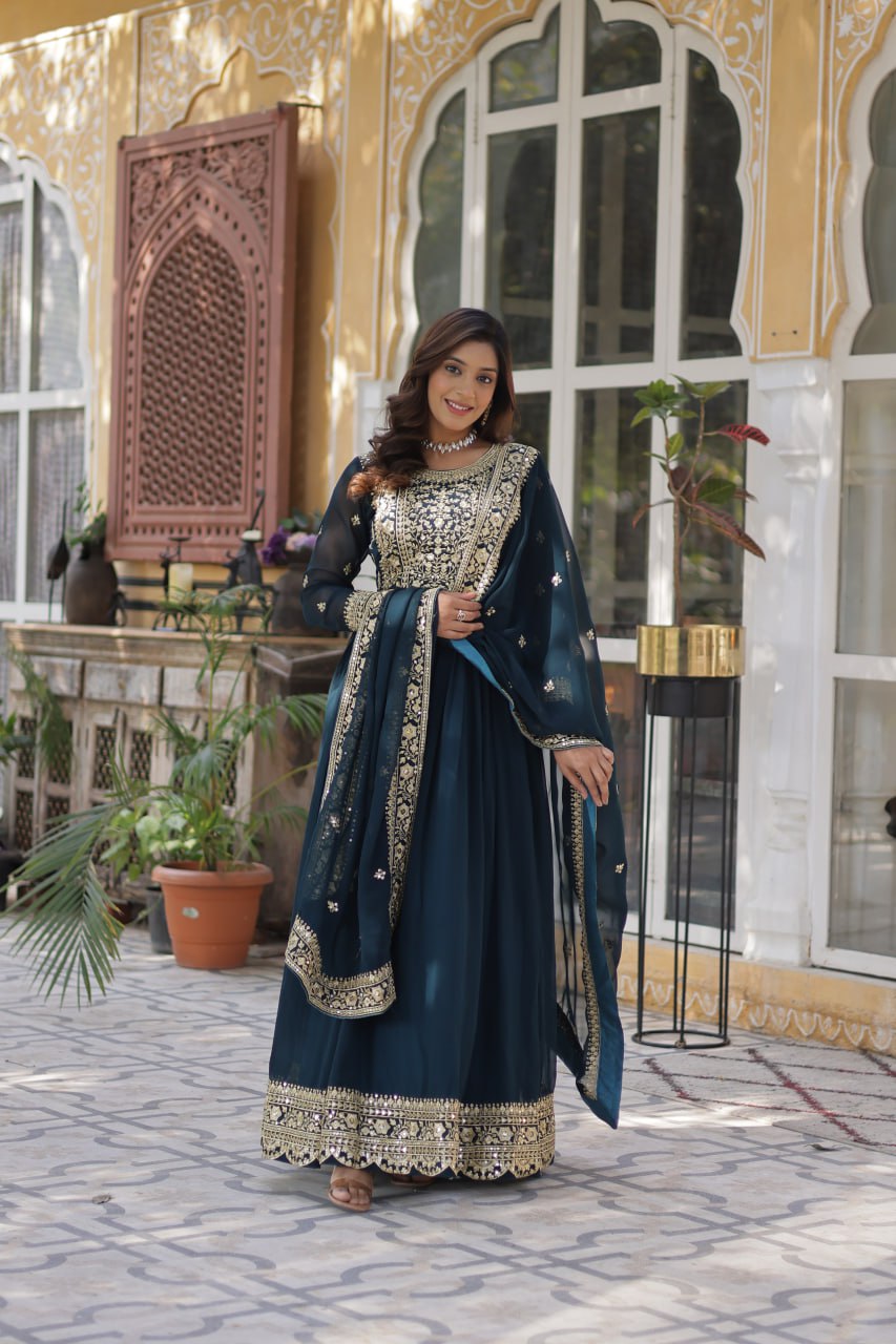 Function Wear Heavy Embroidery Zari Sequins Work Dark Blue Color Gown