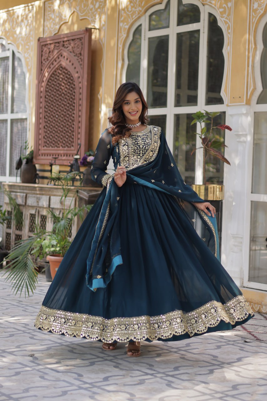 Function Wear Heavy Embroidery Zari Sequins Work Dark Blue Color Gown