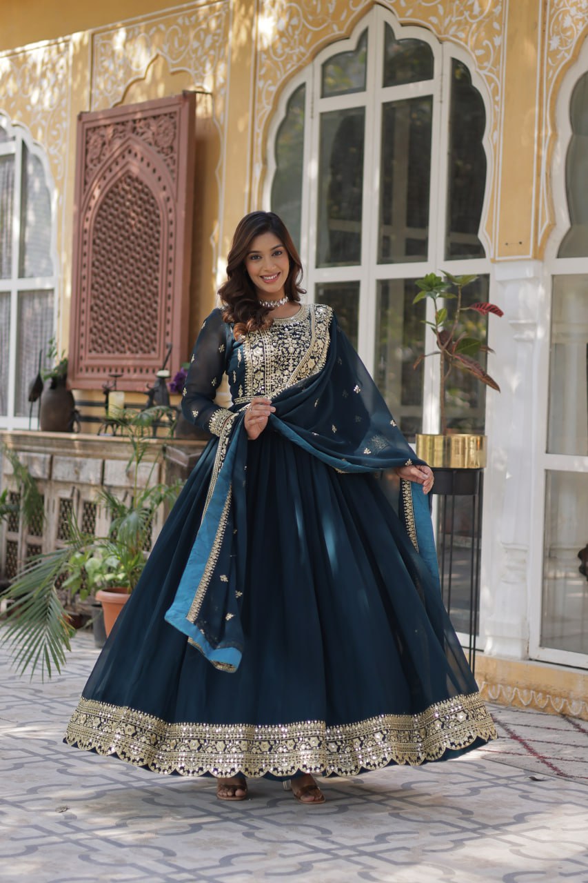 Function Wear Heavy Embroidery Zari Sequins Work Dark Blue Color Gown