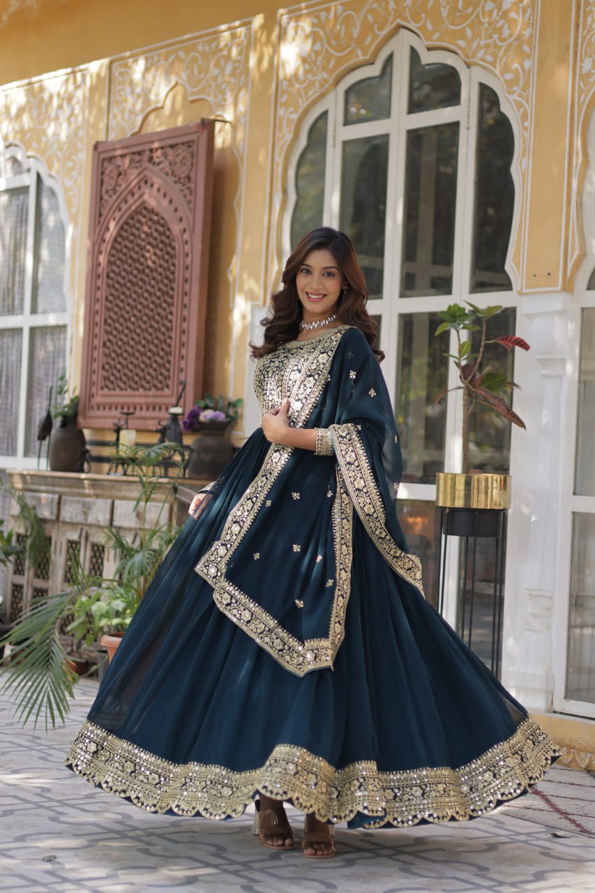 Function Wear Heavy Embroidery Zari Sequins Work Dark Blue Color Gown