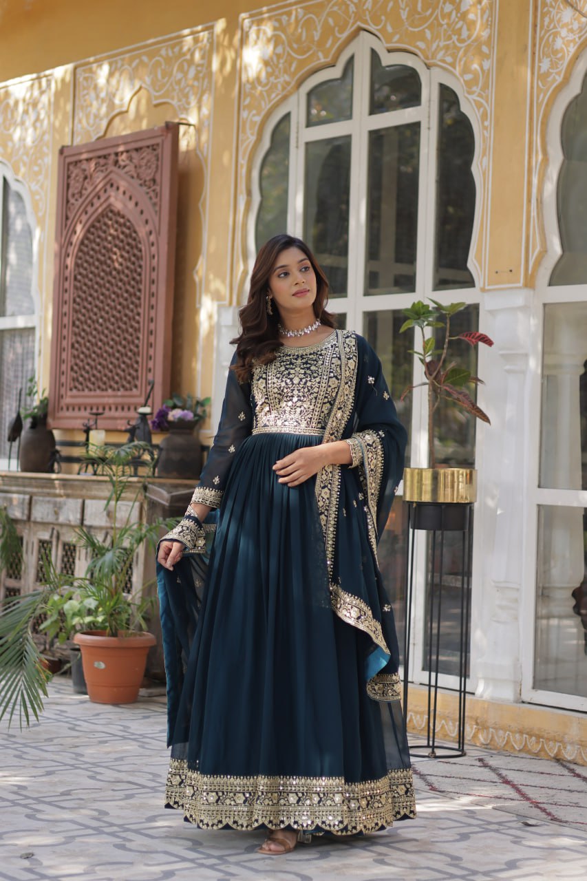 Function Wear Heavy Embroidery Zari Sequins Work Dark Blue Color Gown