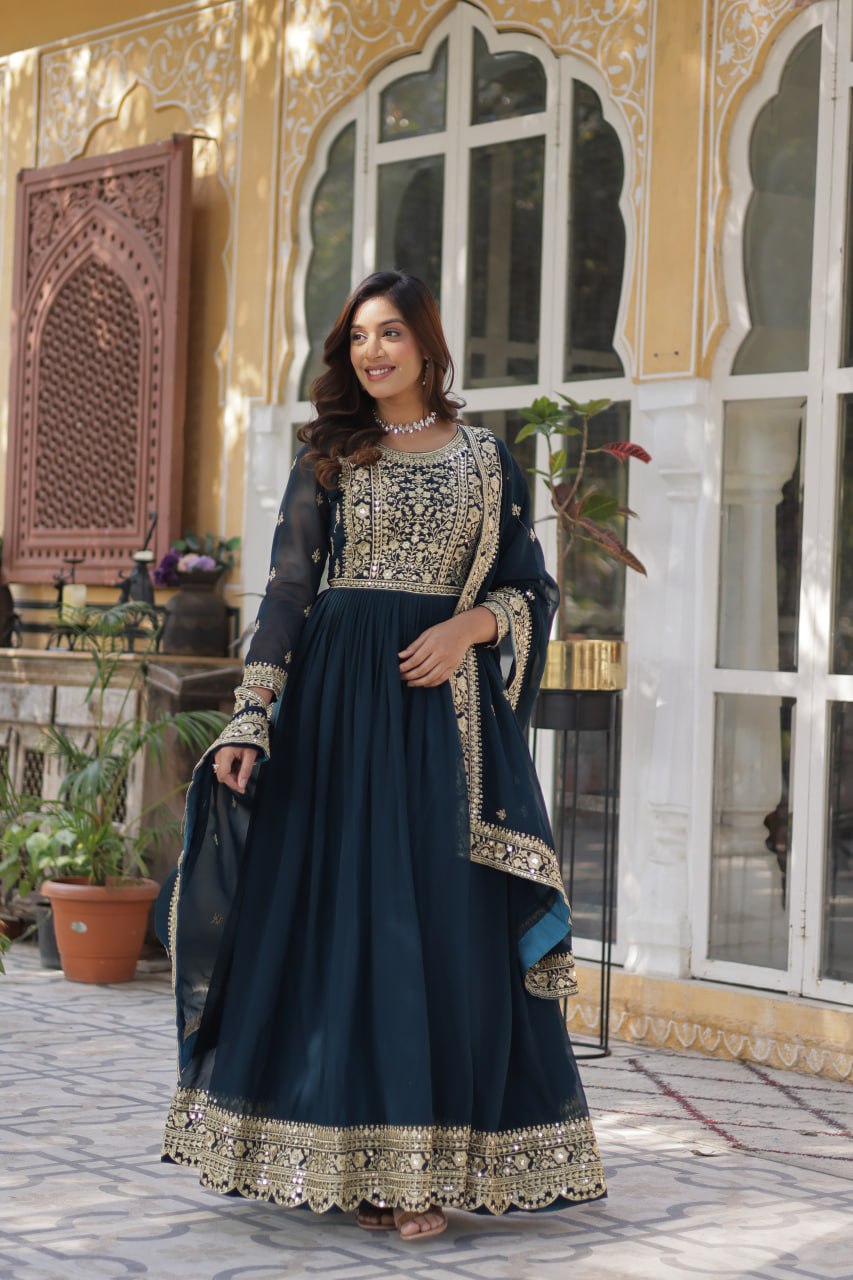 Function Wear Heavy Embroidery Zari Sequins Work Dark Blue Color Gown