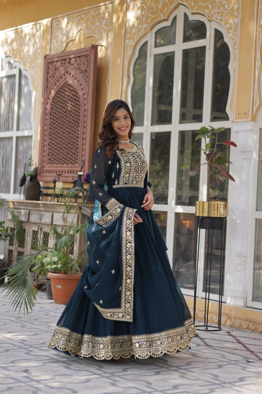 Function Wear Heavy Embroidery Zari Sequins Work Dark Blue Color Gown