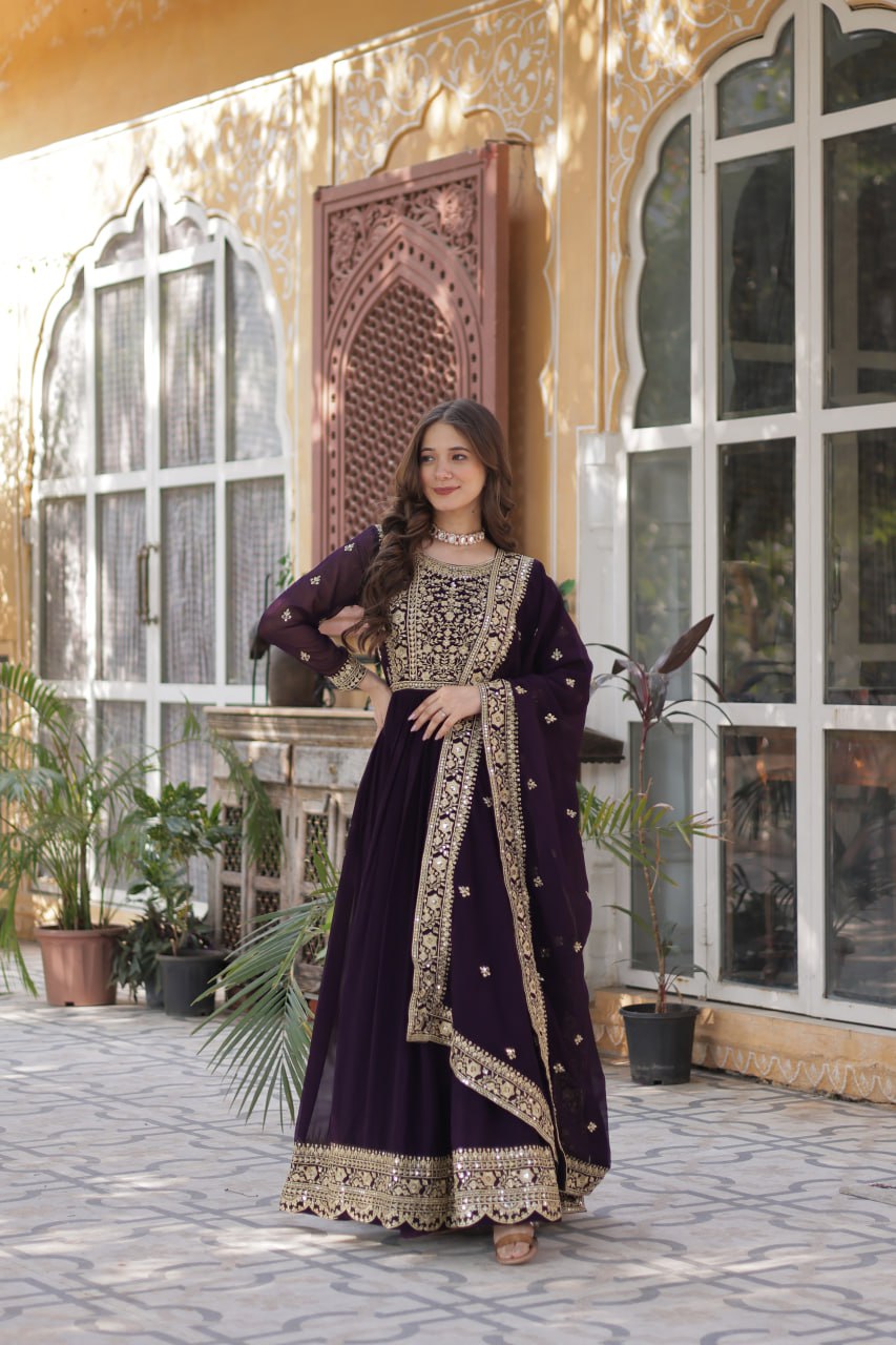 Function Wear Heavy Embroidery Zari Sequins Work Dark Purple Color Gown