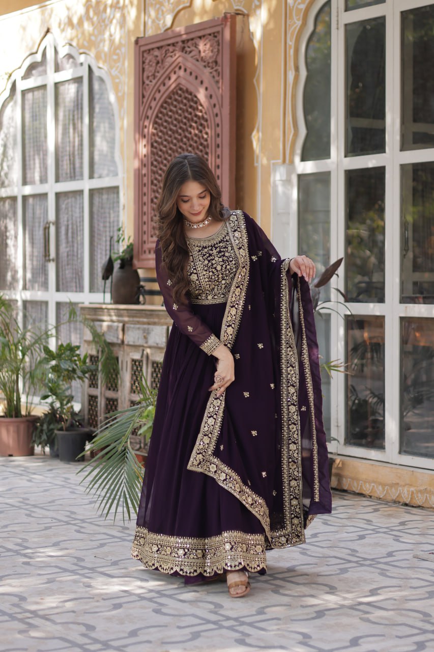 Function Wear Heavy Embroidery Zari Sequins Work Dark Purple Color Gown