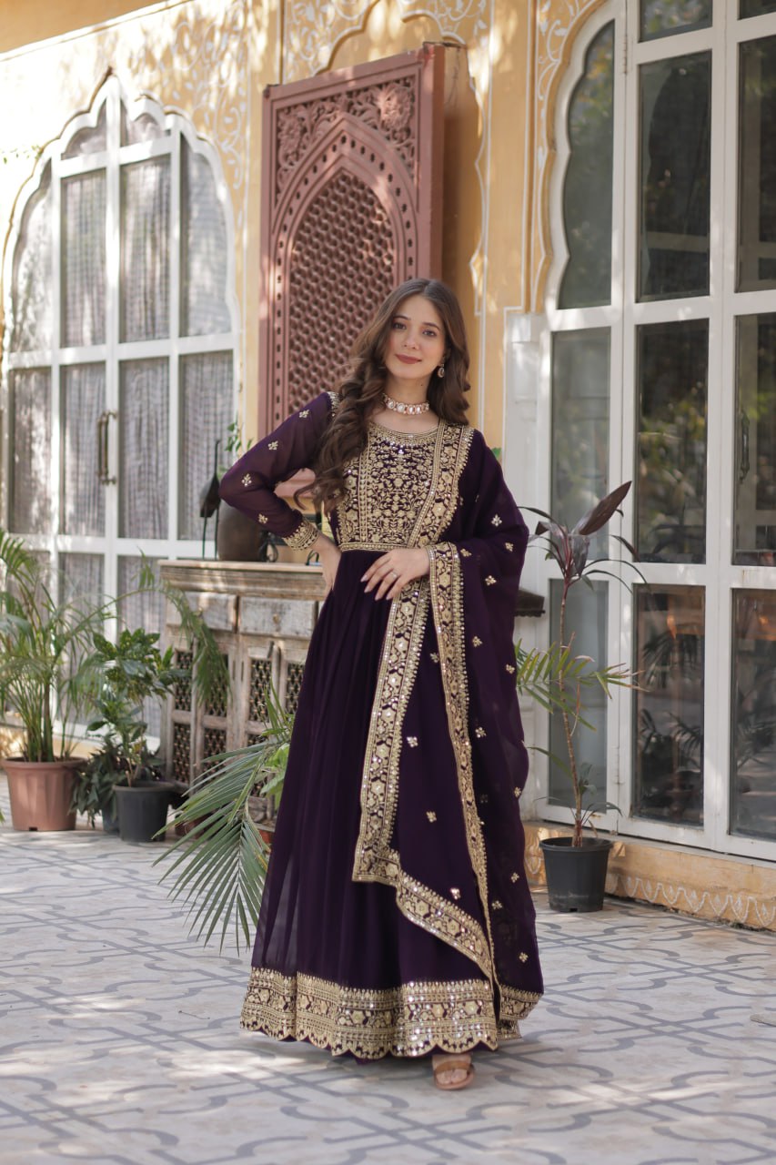 Function Wear Heavy Embroidery Zari Sequins Work Dark Purple Color Gown