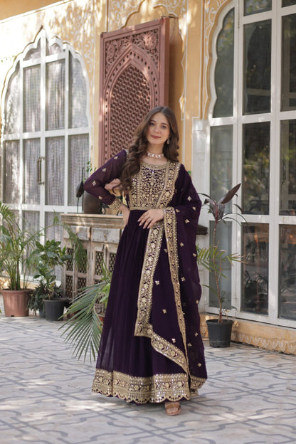 Function Wear Heavy Embroidery Zari Sequins Work Dark Purple Color Gown