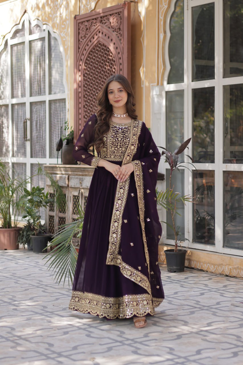 Function Wear Heavy Embroidery Zari Sequins Work Dark Purple Color Gown