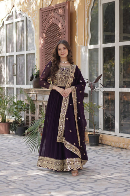 Function Wear Heavy Embroidery Zari Sequins Work Dark Purple Color Gown
