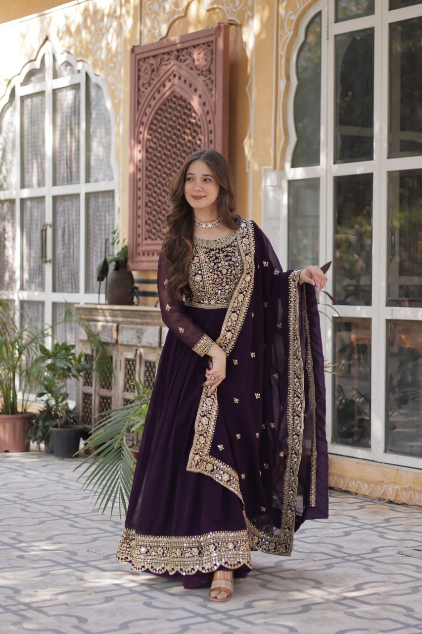 Function Wear Heavy Embroidery Zari Sequins Work Dark Purple Color Gown