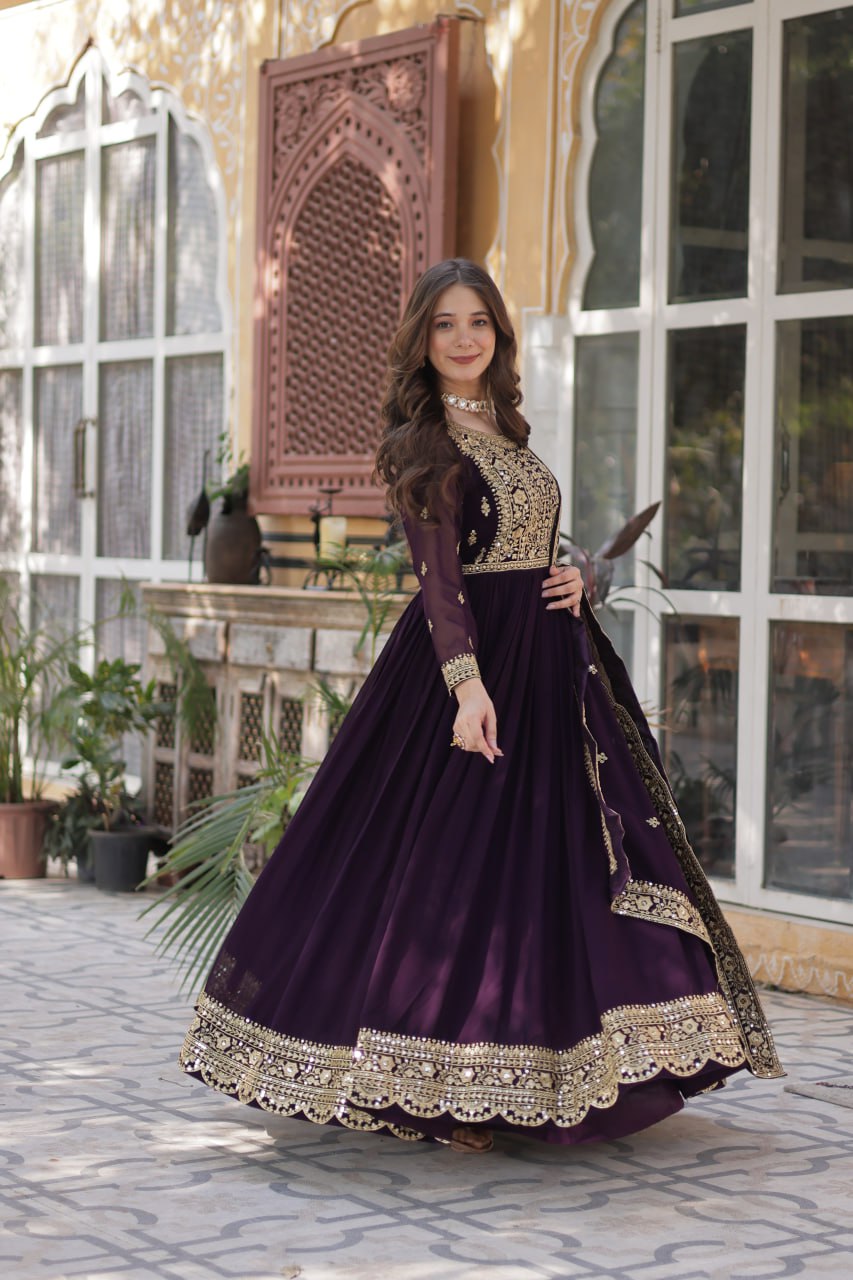 Function Wear Heavy Embroidery Zari Sequins Work Dark Purple Color Gown