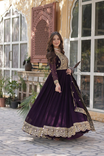 Function Wear Heavy Embroidery Zari Sequins Work Dark Purple Color Gown