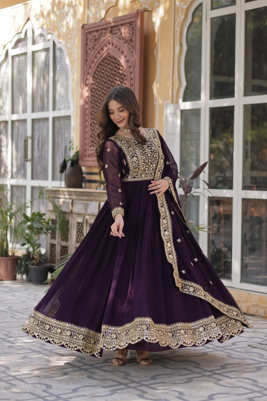 Function Wear Heavy Embroidery Zari Sequins Work Dark Purple Color Gown