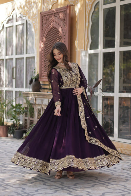 Function Wear Heavy Embroidery Zari Sequins Work Dark Purple Color Gown
