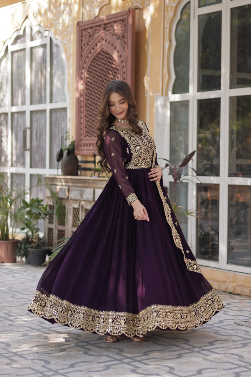 Function Wear Heavy Embroidery Zari Sequins Work Dark Purple Color Gown